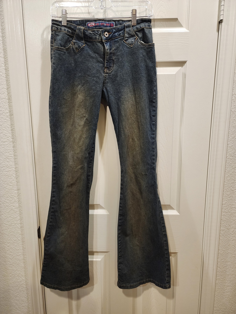 Women's Boot Cut/Flare Split Leg Jeans in Dark Blue Denim with Gold Stitching